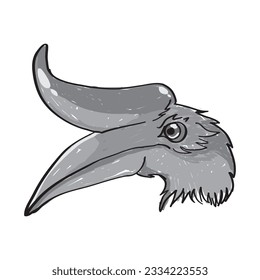 Ilustración del vector de la cabeza de pájaro de Bucerótido o de Bucerótido en forma de boceto dibujado a mano y en blanco y negro. Adecuado para los productos educativos infantiles sobre animales y aves de corral. Pájaro típico de Indonesia