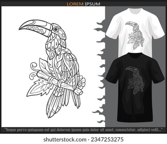 Artes de Mandala de pájaro Bucerótido aisladas en camisetas blancas y negras.