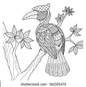 Hornbill bird on the tree zentangle design for coloring book and other decorations.