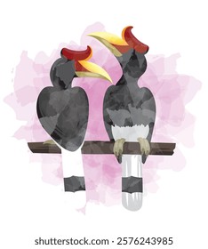 Hornbill Bird Valentines Day Animal Symbol of Love Postcard Watercolor Vector Illustration