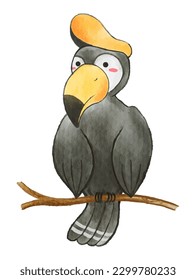 Hornbill bird . Watercolor paint design . Cute animal cartoon character . Vector .