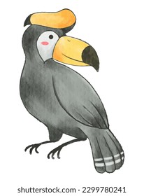 Pájaro Bucerótido. Diseño de pintura acuarela. Caricatura animal. Vector.