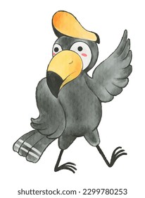 Pájaro Bucerótido. Diseño de pintura acuarela. Caricatura animal. Vector.