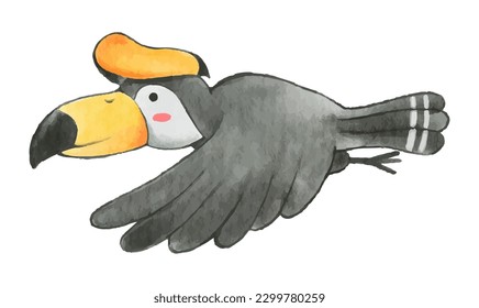 Pájaro Bucerótido. Diseño de pintura acuarela. Caricatura animal. Vector.