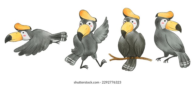 Pájaro Bucerótido. Diseño de pintura acuarela. Juego de personajes lindos de dibujos animados de animales . Vector.