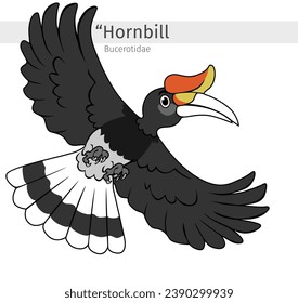 Caricatura de Hornbill. Ilustración de Hornbill bird Cartoon. animales salvajes aislados. Colección de ilustraciones animales. Caricatura de Hornbill