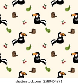 Hornbill cartoon so cute. On leaf cherry background. Pattern seamless vector illustration. 