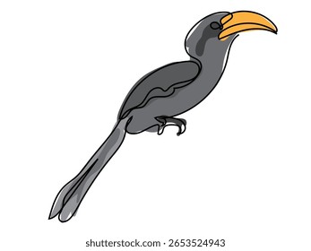 Hornbill in continuous line drawing on white background.