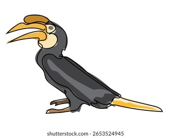 Hornbill in continuous line drawing on white background.