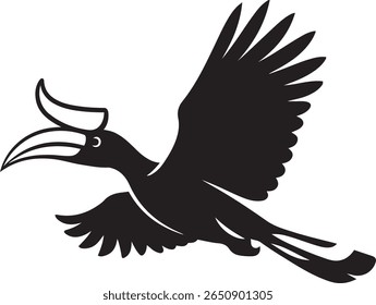 Hornbill in flight silhouette majestic pose, Black and white hornbill bird graphic