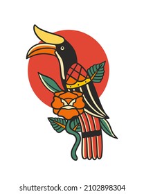 Hornbill and flower hand drawn illustration