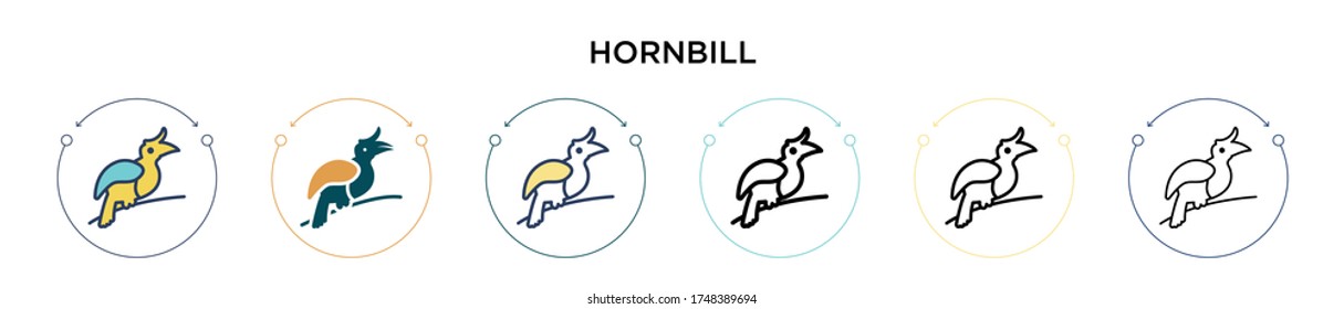 Hornbill icon in filled, thin line, outline and stroke style. Vector illustration of two colored and black hornbill vector icons designs can be used for mobile, ui, web