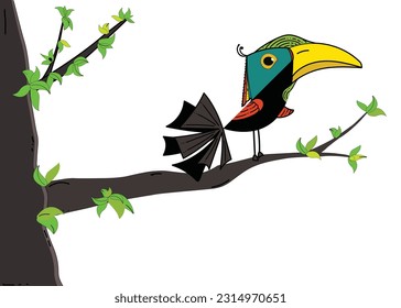 The hornbill is a large bird, Perched on a tree branch. As you observe the hornbill, you may notice its large, expressive eyes, they spend a significant amount of time in trees.