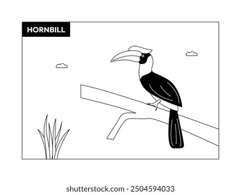 Hornbill with large and long beak with short body, black and white, outline, vector illustration of bird.