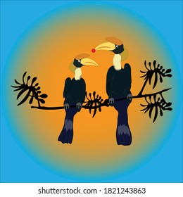 Los amantes de los Bucerótidos se unirán hasta su muerte, viviendo en una selva tropical tropical, al estilo vectorial.