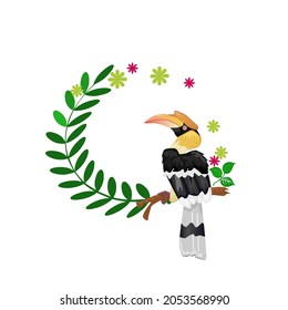 A hornbill perches on a branch that is curved in a circular shape and has many flowers.Isolated vector illustration on a white background.