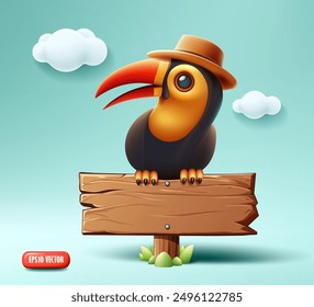 Hornbill sits on a wooden sign empty, and tropical green leaf realistic design, on blue background, EPS 10 vector illustration