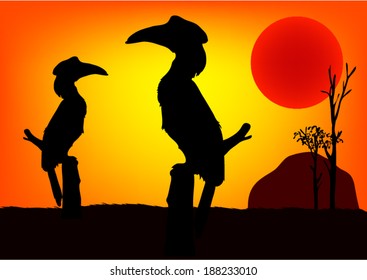 Hornbills in the forest in sunset. Vector.