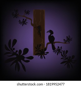 Hornbills,living in the tropical forests of south asia,when the spawning season the bird feeds for the mother bird,which is locked in a hollow tree,in vector style.