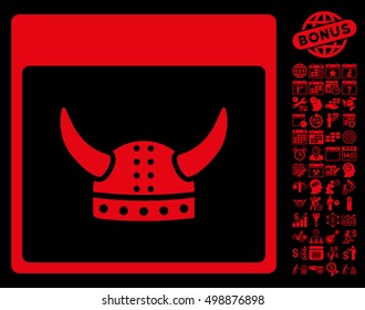 Horned Ancient Helmet Calendar Page pictograph with bonus calendar and time management icon set. Vector illustration style is flat iconic symbols, red, black background.