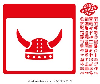 Horned Ancient Helmet Calendar Page icon with bonus calendar and time management pictograph collection. Vector illustration style is flat iconic symbols, red, white background.