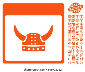 Horned Ancient Helmet Calendar Page pictograph with bonus calendar and time management clip art. Vector illustration style is flat iconic symbols, orange, white background.