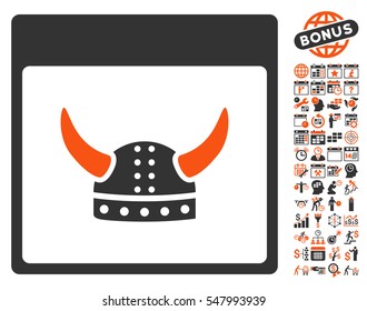 Horned Ancient Helmet Calendar Page icon with bonus calendar and time management pictograms. Vector illustration style is flat iconic symbols, orange and gray, white background.