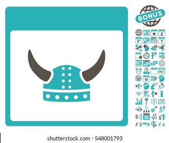 Horned Ancient Helmet Calendar Page icon with bonus calendar and time management pictograph collection. Vector illustration style is flat iconic symbols, grey and cyan, white background.