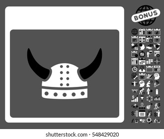 Horned Ancient Helmet Calendar Page pictograph with bonus calendar and time management graphic icons. Vector illustration style is flat iconic symbols, black and white, gray background.