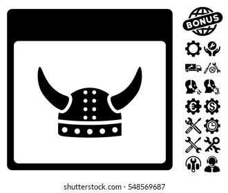 Horned Ancient Helmet Calendar Page pictograph with bonus tools symbols. Vector illustration style is flat iconic symbols, black, white background.