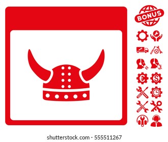 Horned Ancient Helmet Calendar Page icon with bonus setup tools icon set. Vector illustration style is flat iconic symbols, red, white background.