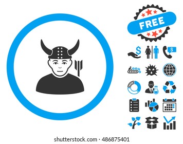 Horned Ancient Warrior icon with bonus clip art. Vector illustration style is flat iconic bicolor symbols, blue and gray colors, white background.