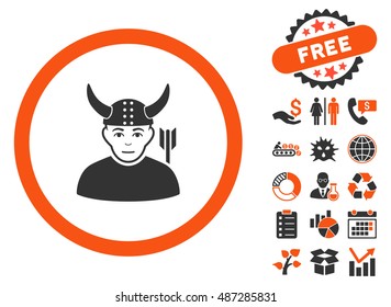 Horned Ancient Warrior icon with free bonus pictograph collection. Vector illustration style is flat iconic bicolor symbols, orange and gray colors, white background.