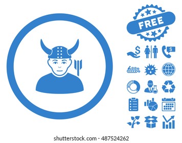Horned Ancient Warrior icon with free bonus elements. Vector illustration style is flat iconic symbols, cobalt color, white background.
