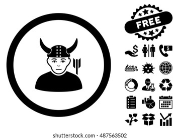 Horned Ancient Warrior pictograph with free bonus pictogram. Vector illustration style is flat iconic symbols, black color, white background.