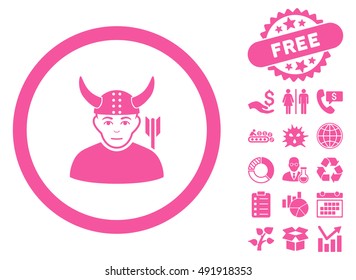 Horned Ancient Warrior pictograph with free bonus pictures. Vector illustration style is flat iconic symbols, pink color, white background.
