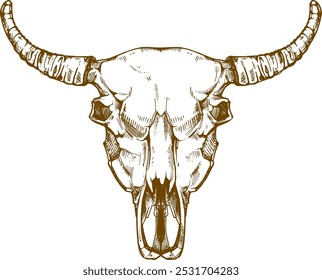 Horned animal skull sketch. Dead bull tattoo