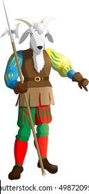 Horned and bearded goat clothing, stylized suit landsknechts 16th century. Dress in the puffed and slashed style. Animal holding a halberd in his hand. Funny vector illustration.