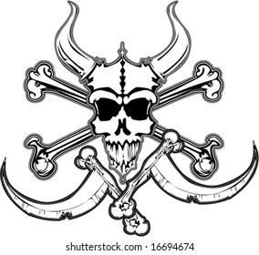 horned beast skull pirate with crossed bones and crossed scythes with bone handles vector illustration