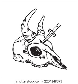 A horned beast's skull was stabbed in the middle by a knife retro old line art etching vector