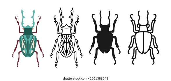 Horned beetle symbol cartoon set. Abstract bugs linear doodle icon. Stylized folk art insects flat hand drawn emblem collection. Sign simple funny linear insect clipart. Vector isolated illustration