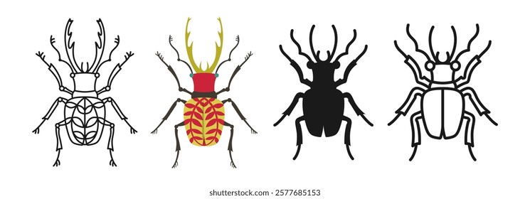 Horned beetle symbol cartoon set. Abstract bugs linear doodle icon. Stylized folk art insects flat hand drawn emblem collection. Sign simple funny linear insect clipart. Vector isolated illustration