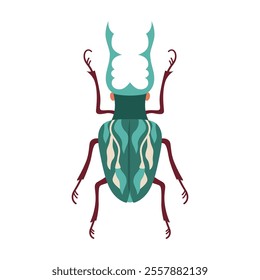 Horned beetle whimsical folk art insect illustration. Abstract fantasy bug with colorful patterned wings. Stylized beetle clipart for children. Fancy funny vintage bug isolated symbol vector design