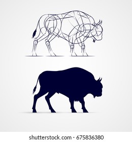 Horned Bison Silhouette with Sketch Template on Gray Background