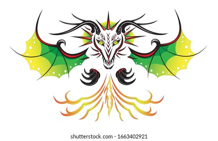 Horned black dragon with green wings breathes fire