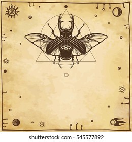 Horned bug deer. Geometrical figures, space symbols, ancient manuscript.  Background - imitation of old paper, the place for the text. Vector illustration.