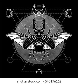 Horned bug.  Esoteric symbol, sacred geometry, images of the moon. Monochrome drawing. Vector illustration. Print, posters, t-shirt, textiles.