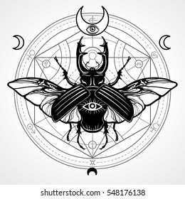 Horned bug. Mystical circle. Esoteric symbol, sacred geometry. Sign of the moon. Monochrome drawing isolated on a grey background. Vector illustration. Print, posters, t-shirt, textiles.