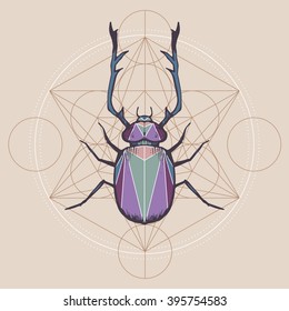 Horned bug with sacred geometry background; hand drawn magic insects illustration in sketch style;