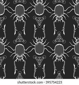 Horned bugs with geometry triangles seamless pattern; vector illustration with insects and geometrical elements on dark background